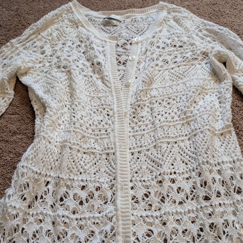 100% Cotton Textured Stitch White Long Sleeve Crew Neck Cardigan Large